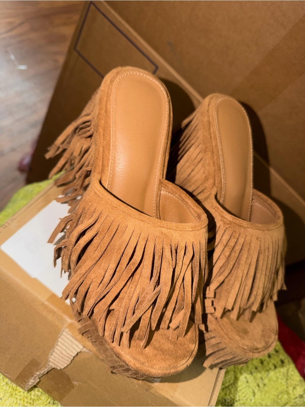 Fringe Suede Slide Mules in Tan